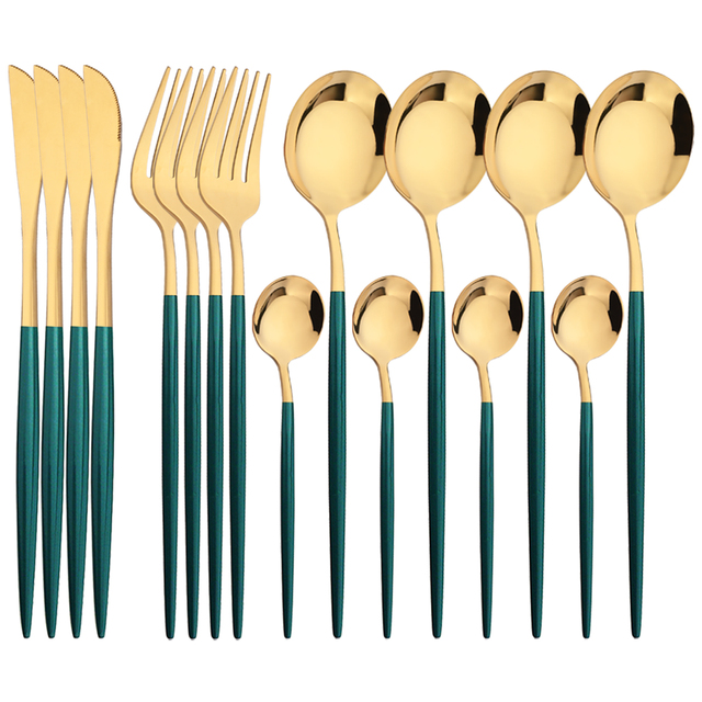 16Pcs Green Gold Dinnerware St - Gold Plated Cutlery 评论和价格