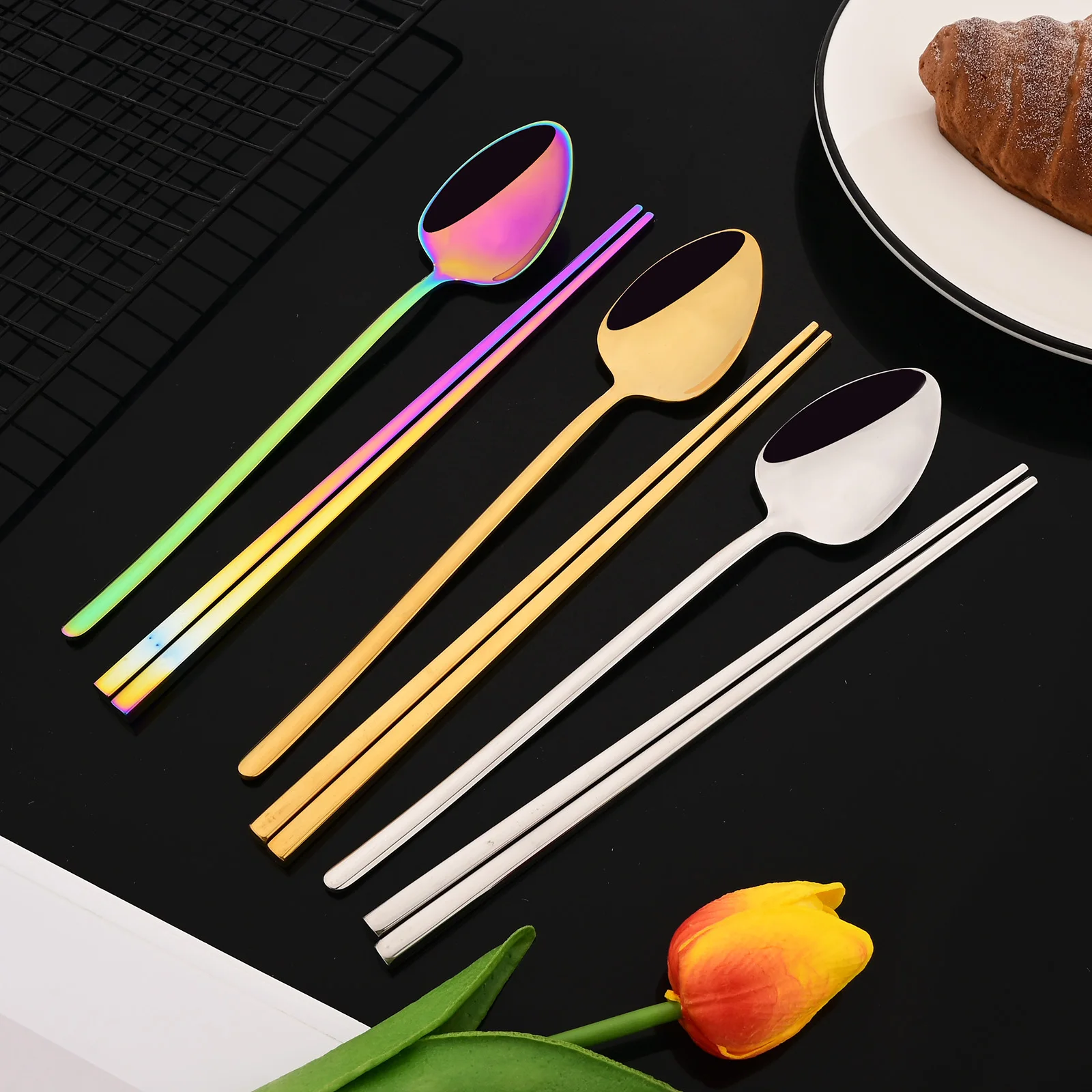 Korean 8Pcs Tableware Set High - Gold Plated Cutlery 评论和价格